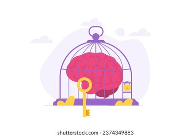 Limitation of thinking, brain in prison, mind closed to new ideas concept. Flat Vector illustrations for banner, website, landing page, flyer.
