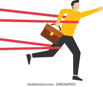 limitations and traps or challenges to overcome success concept, Man tied with red ribbon trying to escape with full effort. Business difficulties or struggles with career barriers.