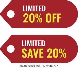 Limited 20 percent off and save 20 percent sale tags on red discount labels isolated on white background