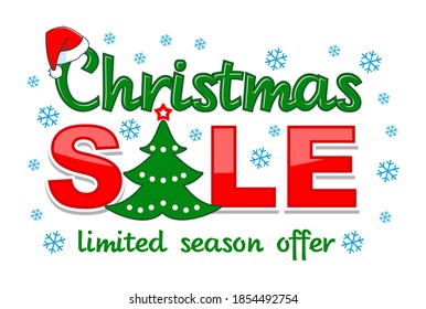 Limited Christmas season offer sale with Christmas tree, santa hat  and snowflakes. Vector on transparent background