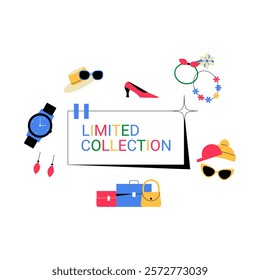 Limited Collection Accessories Display In Flat Vector Illustration Symbolizing Fashion, Style, And Trends, Isolated On White Background.