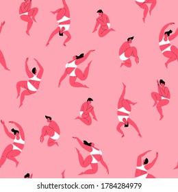 Geringfügiges Farbnahtloses Muster. Fette Frauen mit geschlossenen Augen in entspannten Posen mit Unterwäsche. Ruhiges und kühles Leben. Körperpositive Flachgrafik