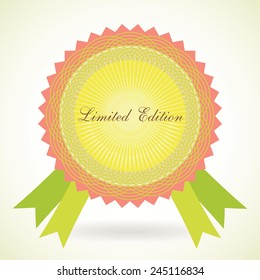 Limited edition colorful shiny label with green tapes isolated icon or sign