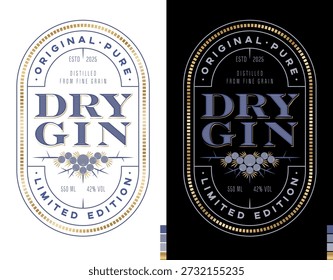 Edição limitada Dry Gin labels. Bagas de zimbro com folhas e espinhos. Lettering clássico em um fundo decorativo.