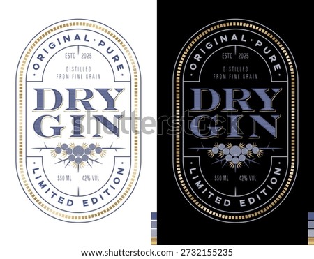 Limited edition Dry Gin labels. Juniper berries with leaves and thorns. Classic lettering on a decorative background.