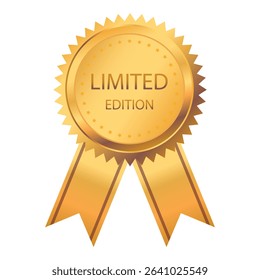 Limited edition label gold stamp with ribbons. Luxury seal for product packaging. Design element. Vector illustration, isolated on white background