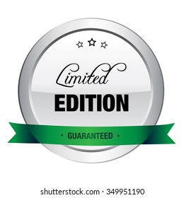 Limited edition seal or icon. Silver seal or button with stars and green banner.