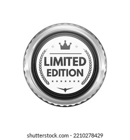 Limited edition silver badge and premium product label. Limited edition certificate platinum sticker or tag, luxury product quality warranty silver vector label or seal. Premium guarantee metal badge