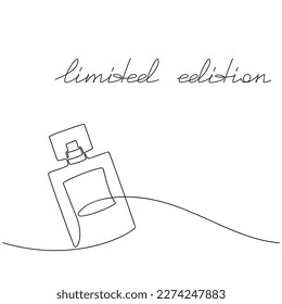 Limited Edition text. Line continuous perfume bottle icon. Fragrance vector. Handwritten text, slogan, quote, phrase, saying. Design element for print, banner, card, wall art, logo, brochure, poster.