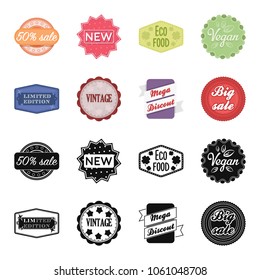 Limited edition, vintage, mega discont, dig sale.Label,set collection icons in black,cartoon style vector symbol stock illustration web.