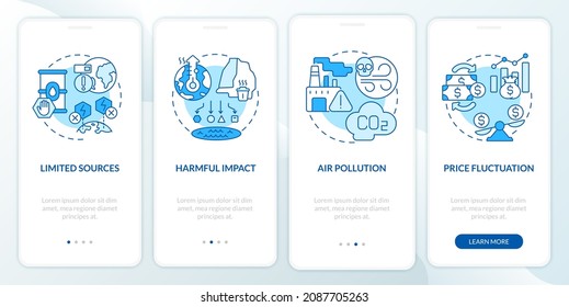 Limited energy sources disadvantages onboarding mobile app page screen. Power walkthrough 4 steps graphic instructions with linear concepts. UI, UX, GUI template. Myriad Pro-Bold, Regular fonts used