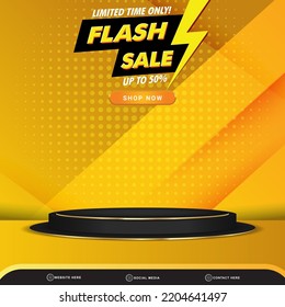 limited flash sale banner social media template post with blank space 3d podium for product with abstract orange and yellow gradient background design