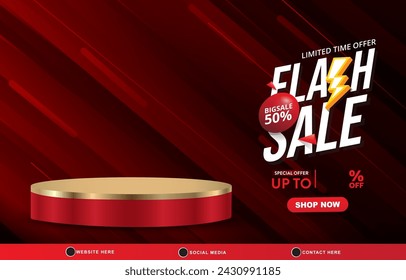 limited flash sale discount template banner with blank space 3d podium for product sale with abstract gradient red background design