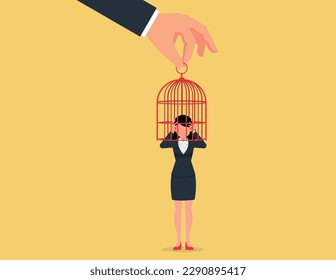 Limited freedom of thought. depressed business woman with birdcage lock his head.