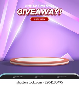 Limited Giveaway Sale Banner Social Media Template Post With Blank Space 3d Podium For Product With Abstract Purple And Pink Gradient Background Design