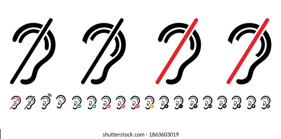 Limited hearing. Deafness symbol and audible sign. Hearing loss impairment logo. Flat vector ear pictogram signs. Universal access icon, hard of hearing icons. Assistive listening systems Symbols.
