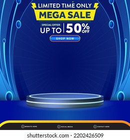 limited mega sale banner social media template post with blank space 3d podium for product with abstract blue gradient background design