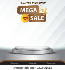 limited mega sale banner social media template post with blank space 3d podium for product with abstract white and silver gradient background design