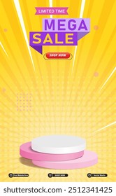 limited mega sale discount portait template banner with blank space 3d podium for social media post product sale with abstract gradient yellow background design 32