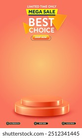 limited mega sale discount portait template banner with blank space 3d podium for social media post product sale with abstract gradient orange background design 16