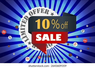 Limited offer 10 percent off sale banner with discount icons and burst background in blue and red color scheme.