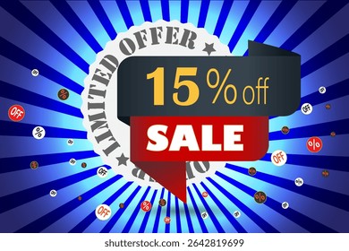 Limited offer 15 percent off sale banner with discount icons and burst background in blue and red color scheme.