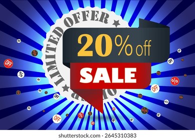 Limited offer 20 percent off sale banner with discount icons and burst background in blue and red color scheme.