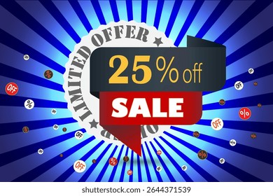 Limited offer 25 percent off sale banner with discount icons and burst background in blue and red color scheme.