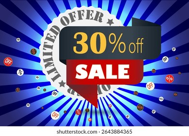 Limited offer 30 percent off sale banner with discount icons and burst background in blue and red color scheme.