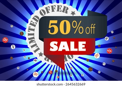 Limited offer 50 percent off sale banner with discount icons and burst background in blue and red color scheme.