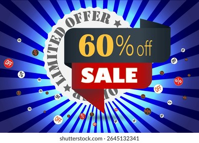 Limited offer 60 percent off sale banner with discount icons and burst background in blue and red color scheme.
