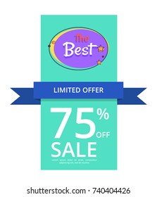 Limited offer 75 percent off the best night sale banner with abstract moon and stars vector poster isolated on purple background with rays