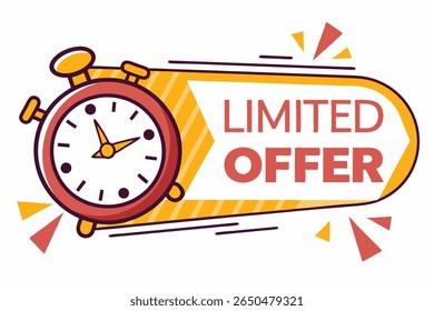 Limited offer banner with clock, featuring countdowns for exclusive deals, one-day sales, and last-minute promotions. Perfect for super promos, auctions, and time-sensitive discounts.