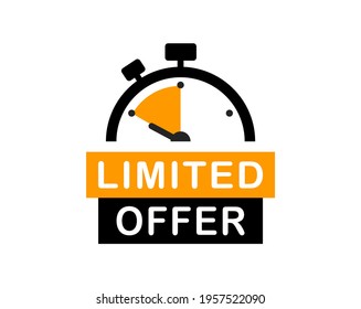 Limited offer banner with timer. Last offer label. Countdown of time for special offer. Promo sticker and stopwatch. Banner for sale promotion. Vector illustration.