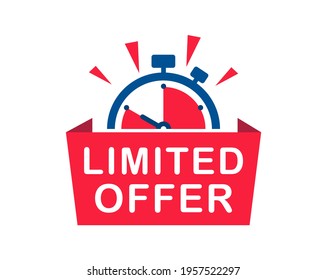 Limited offer banner with timer. Last offer label. Countdown of time for special offer. Promo sticker and stopwatch. Banner for sale promotion. Vector illustration.