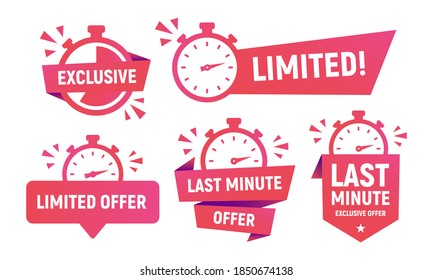 Limited Offer banners, stickers and posters set. Last minute offer sticker and banners template for social media, web design. Trendy modern design with stopwatch and clock icons. Vector illustration 