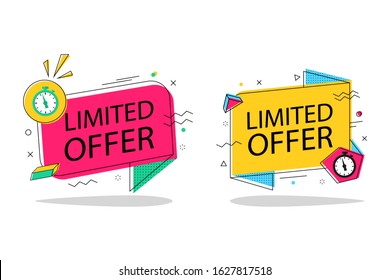 Limited offer with clock with memphis shape for promotion, banner, price. Banner countdown of time with geometric shape for offer sale. Stamp of last chance on isolated background. vector illustration
