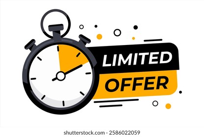 Limited offer with clock for promotion, banner, price. Super promo with countdown or exclusive deal. Last minute offer one day sales and timer. Last minute chance Auction, vector 10 eps.