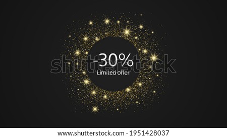 Limited offer gold banner with a 30% discount . White numbers in gold glittering circle on dark background. Vector illustration
 Foto stock © 
