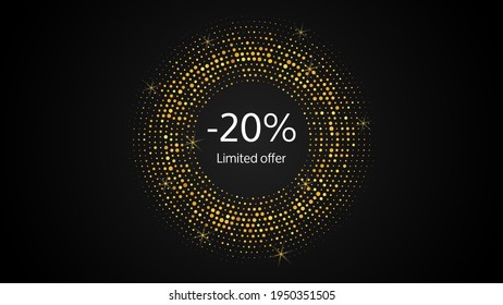 Limited offer gold halftone dotted banner with a 20% discount . White numbers in gold glittering circle on dark background. Vector illustration
