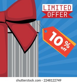 Limited Offer Gray Gift Box With Red Ribbon With Tag 10% Off in Blue Background
