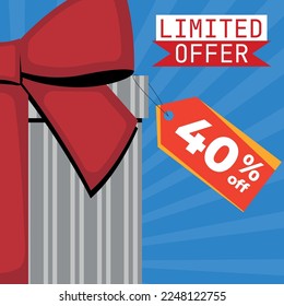 Limited Offer Gray Gift Box With Red Ribbon With Tag 40% Off in Blue Background