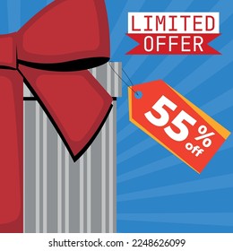 Limited Offer Gray Gift Box With Red Ribbon With Tag 55% Off in Blue Background