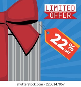 Oferta limitada Caja de regalo gris con cinta roja con etiqueta 22% de descuento en fondo azul