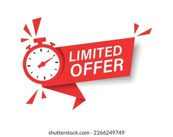 Limited offer icon in flat style. Promo label with alarm clock vector illustration on isolated background. Last minute chance sign business concept.