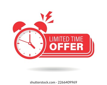 Limited offer icon in flat style. Promo label with alarm clock vector illustration on isolated background. Last minute chance sign business concept.