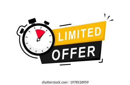 Limited offer icon with time countdown. Modern vector banner ribbon limited offer with stop watch. Super promo label with alarm clock and word. Offer sale or exclusive deal concept. Vector