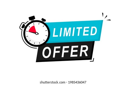 Limited offer icon with time countdown. Modern vector banner ribbon limited offer with stop watch. Super promo label with alarm clock and word. Offer sale or exclusive deal concept. Vector