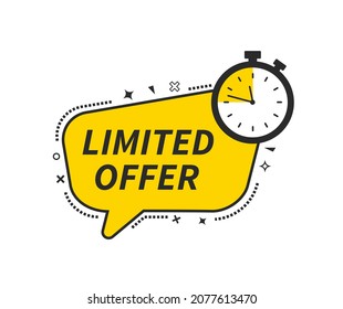 Limited offer icon with time countdown. Super promo label with alarm clock and word. Last offer banner for sale promotion. Red flat sticker hurry deal. Auction tag. Last minute chance stamp. vector
