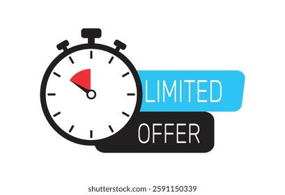 Limited offer icon with time countdown. Vector super promo label with alarm clock, ribbon with word. Last offer banner for promotion.
